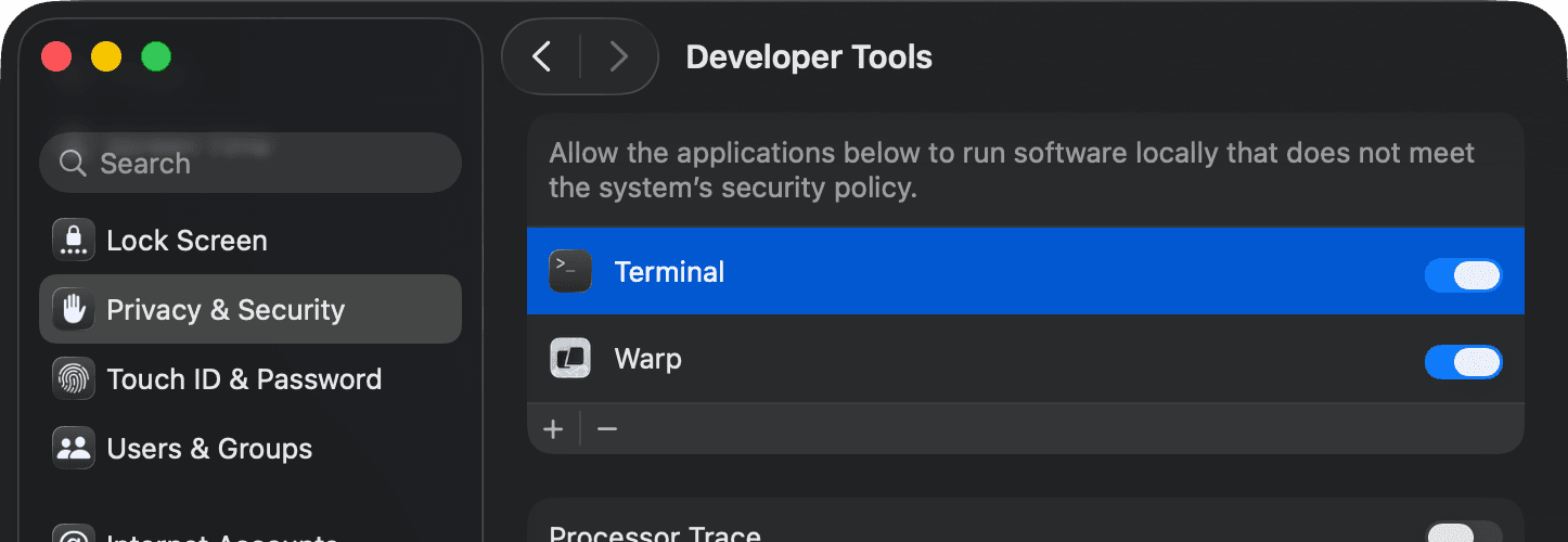 Screenshot of macOS System Settings showing the Developer Tools options